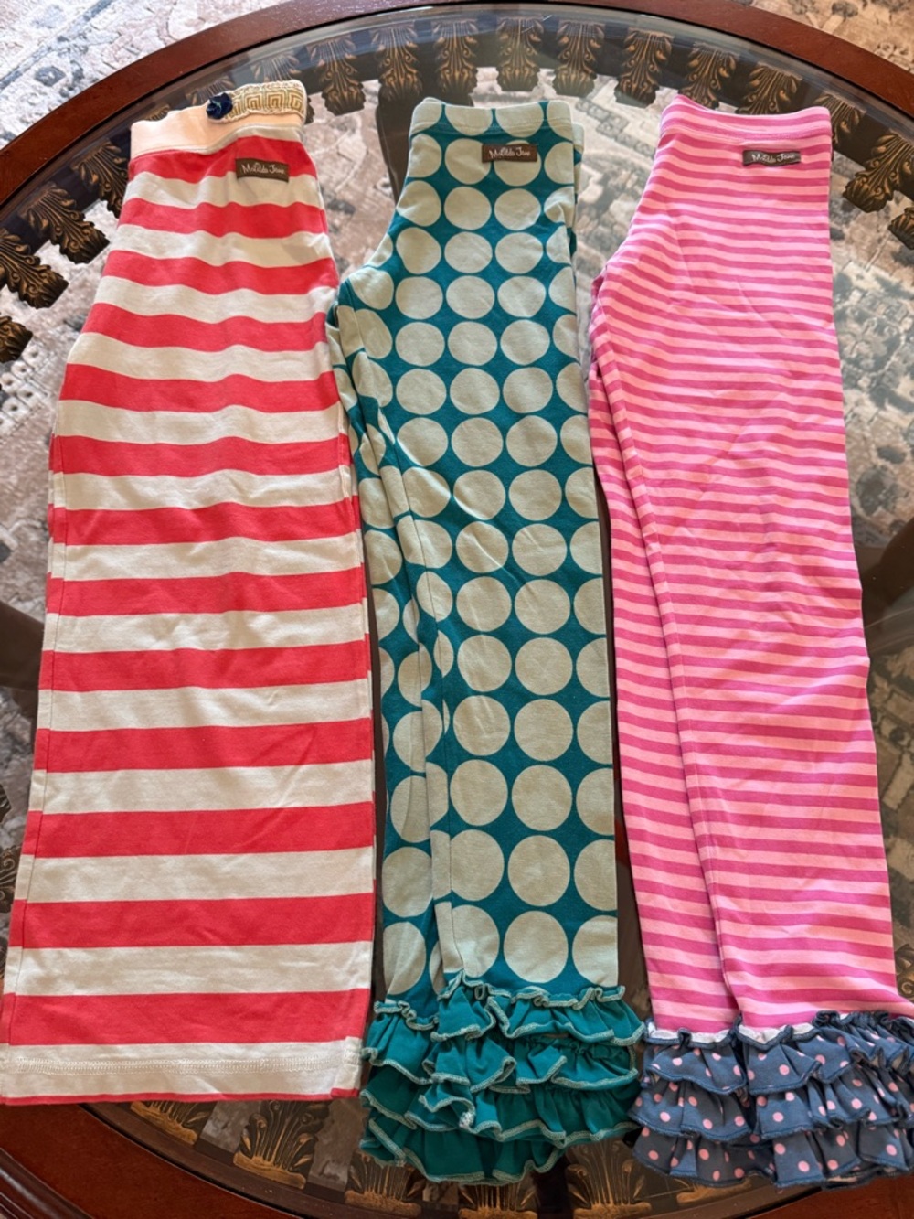Matilda Jane Girls Ruffle Hem Leggings Trio - Coral, Teal Dot, Pink